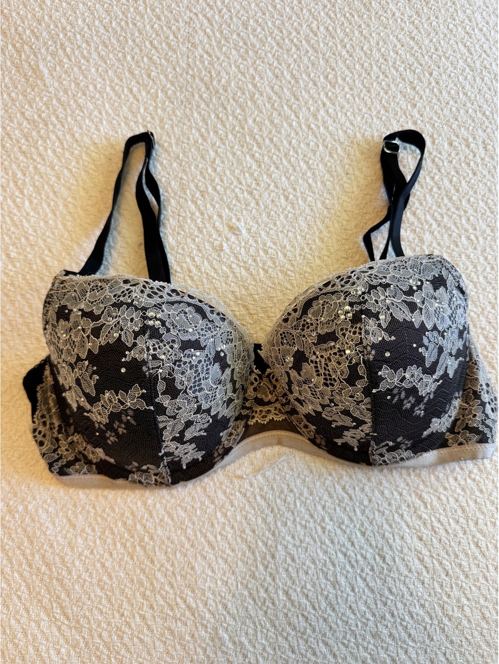 Victoria's Secret Black and Beige Lace Balconette Bra